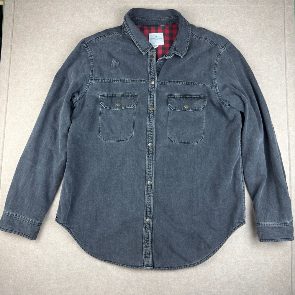 American Eagle Shacket M Gray Denim Plaid Lined Long Oversized Fit Washed Denim